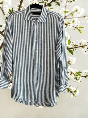 etro Men's Designer Blue and Gray Striped 100% Linen Spread Collar Shirt Large
